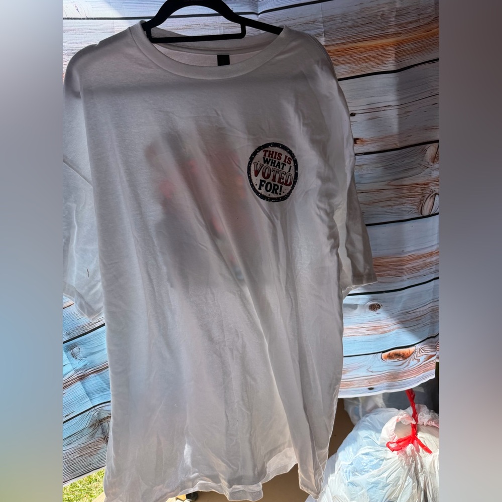 Gildan White Heavy Cotton Tee with Black Neck Tag. Trump T-Shirt